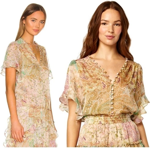 MISA Chiffon Floral Paisley Patchwork Flutter Short Sleeve Button Front Top XS - Picture 2 of 11